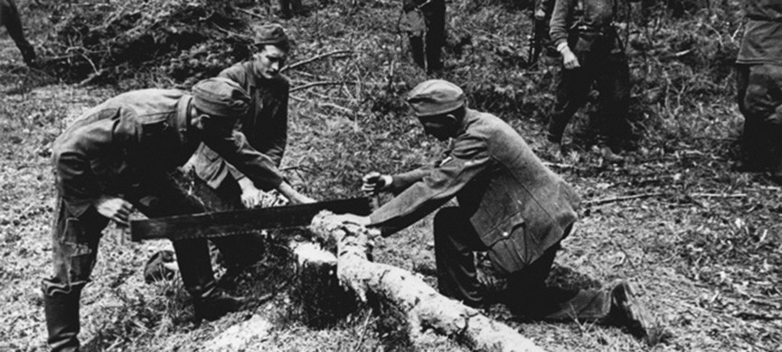 2-G56-G1-1943-12 German POWs sawing wood / WWII / 1943 History/ World War II/ Prisoners of war — Soviet Union 1943: German prisoners of war sawing wood. — Photo, 1943.