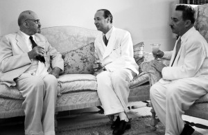 <p>AFTER THE FORMALITIES THE PRESIDENT WEIZMAN (L) MR. ESIN AND THE FOREIGN MIN. MOSHE SHARETT (R) PARTAKE OF A LITTLE REFRESHMENT.</p>