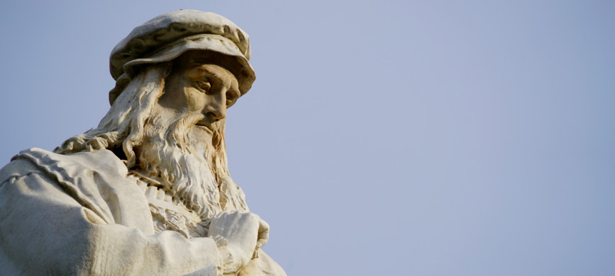 <p>head of Leonardo da Vinci in front of a perfect blue sky</p>