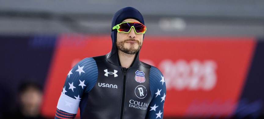 <p>HAMAR, NORWAY - MARCH 16: Emery Lehman of United States of America reacts during the ISU World Speed Skating Single Distances Championships at Hamar Olympic Hall on March 16, 2025 in Hamar, Norway. (Photo by Christian Kaspar-Bartke - International Skating Union/International Skating Union via Getty Images)</p>
